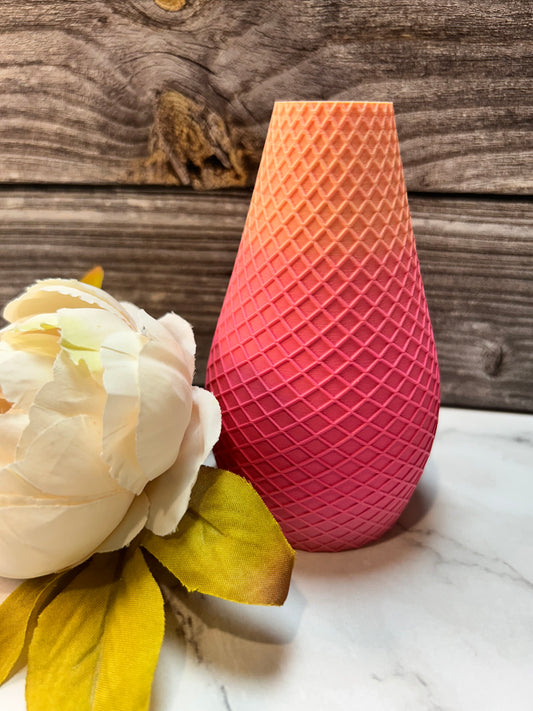 Diamond Pattern Ombre vase, Pink Coral Color, Use with faux flowers or real flowers